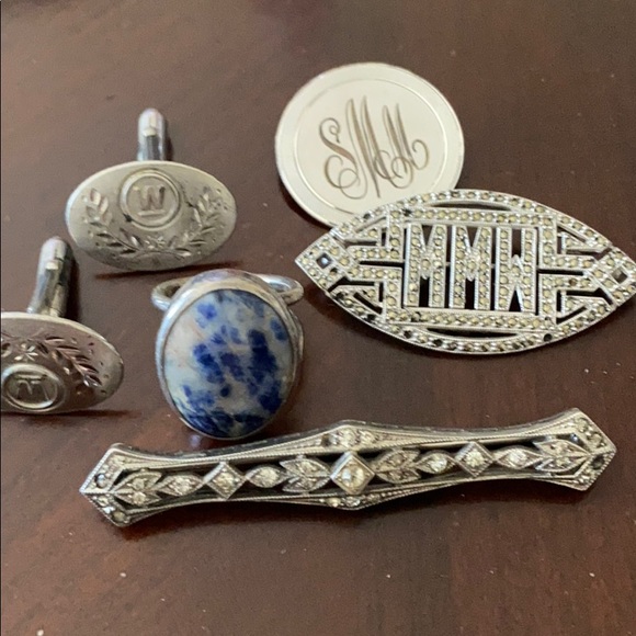 Silver antique sleeve cuffs, ring ,brooch, 2 pins - Picture 2 of 8